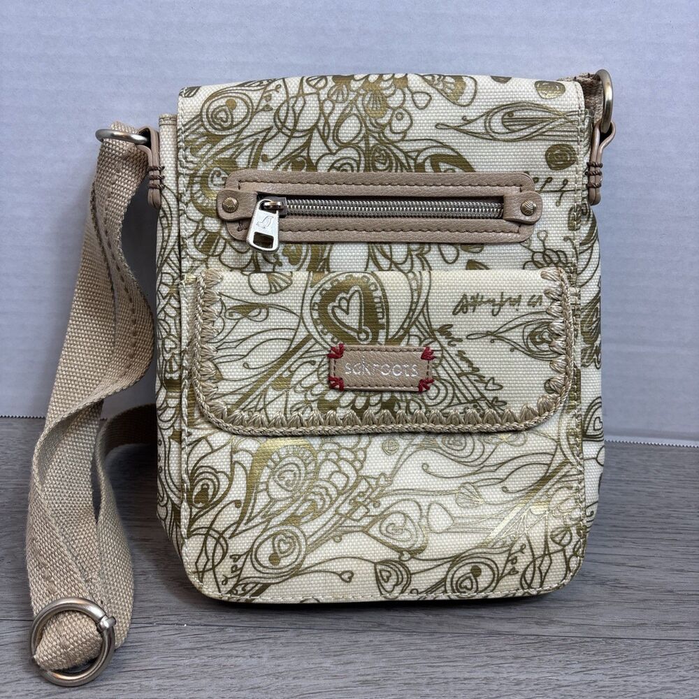 Sakroots Crossbody Purse Tan & Gold Pockets Adjustable Stitching With Vinyl